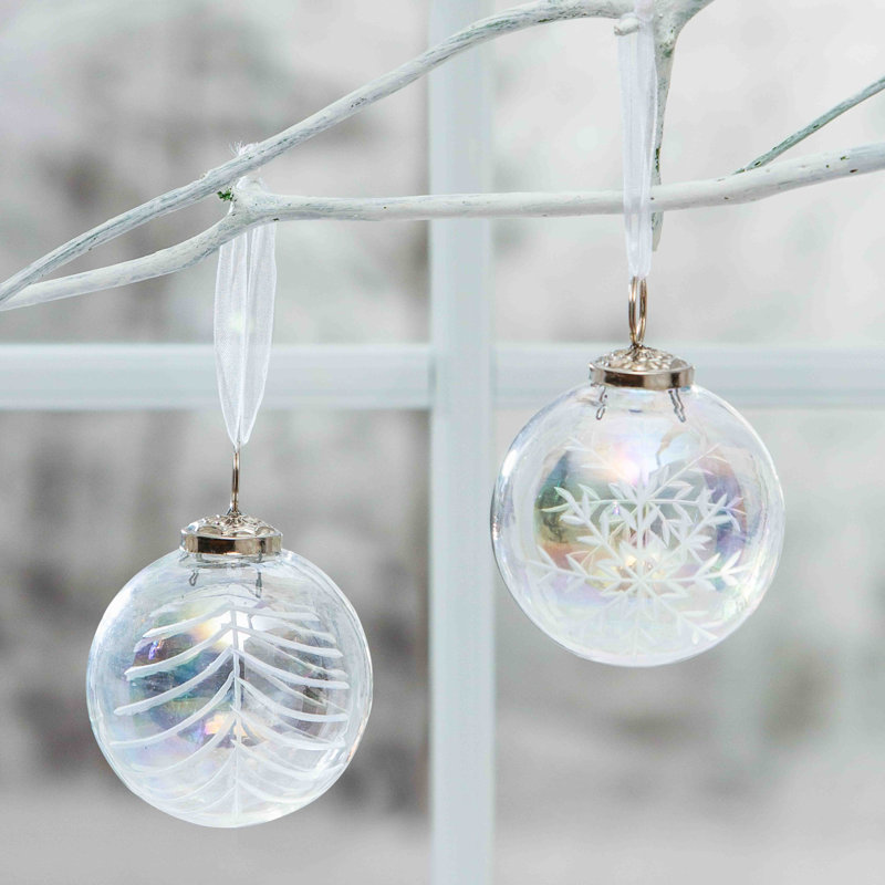 Ornement boule en verre 2 pièces avec motif de flocons de neige dans une boîte cadeau