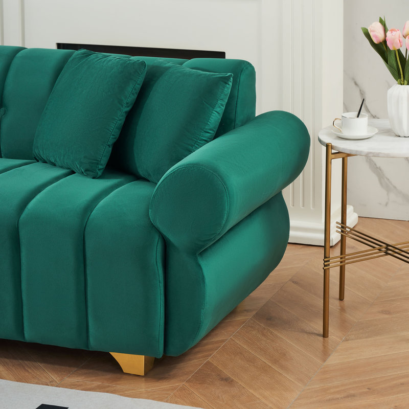 An 89-Inch Cloud-Shaped Velvet Sofa, A Three-Seater Living Room Sofa, Equipped With Golden Metal Footrests, Green