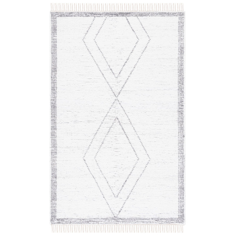Tapis géométrique ivoire / gris en coton tissé à la main Anahli, Rectangle 8 pi x 10 pi