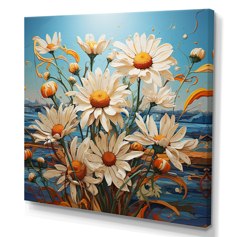 Fleurs blanches sur fond bleu côtier - marguerites blanches, H 36 po x l 36 po x P 1,5 po, Toile tendue