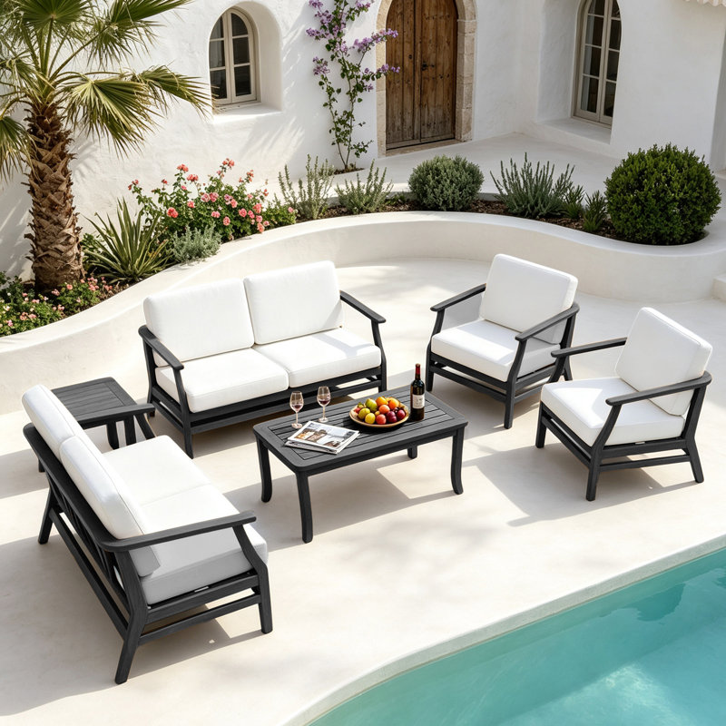 Polett Teak Outdoor Six-person Patio Set With Cushions And Two Tables, Beige, Black