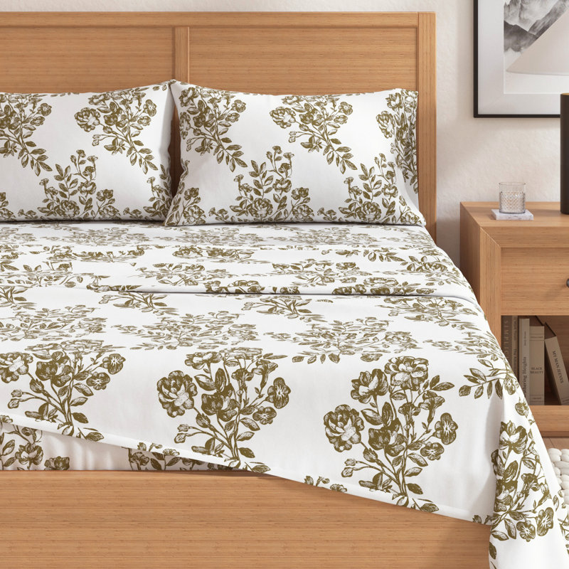 Ensemble de draps de Noël 100% flanelle de coton turc, Toile / floral olive, Double avec 2 taies d'oreiller