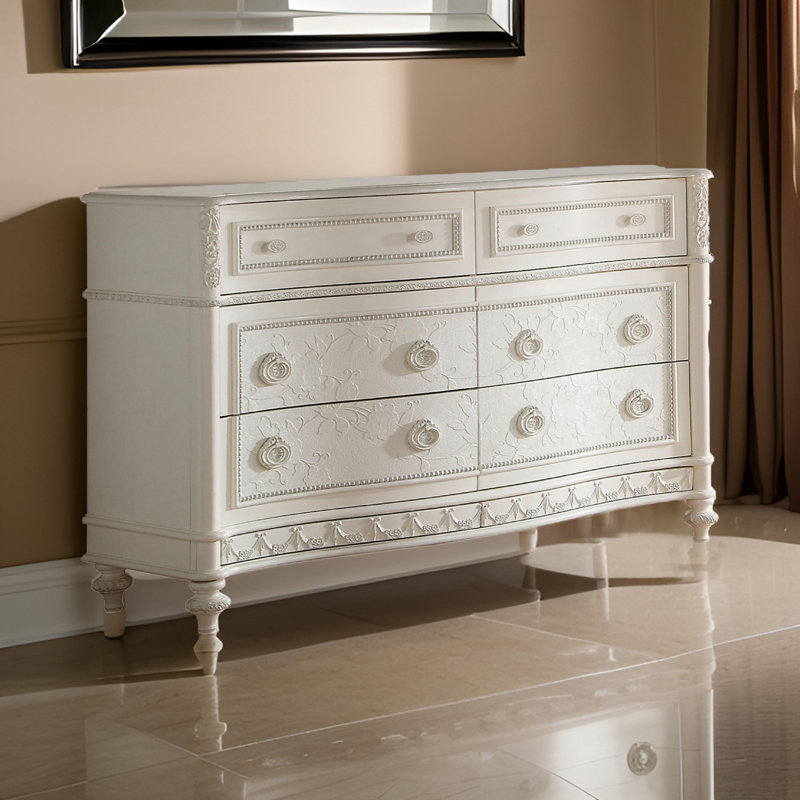 Commode large Dorie, 6 tiroirs, garniture ovale moulée, bois