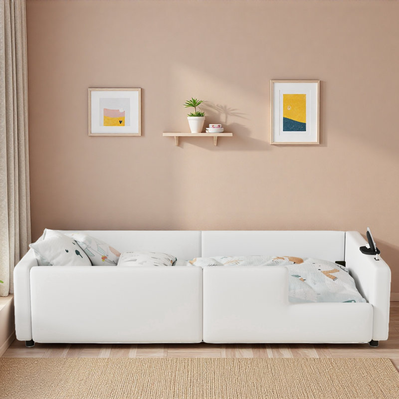 Lit plateforme tapissier avec garde-corps et station de charge, Blanc