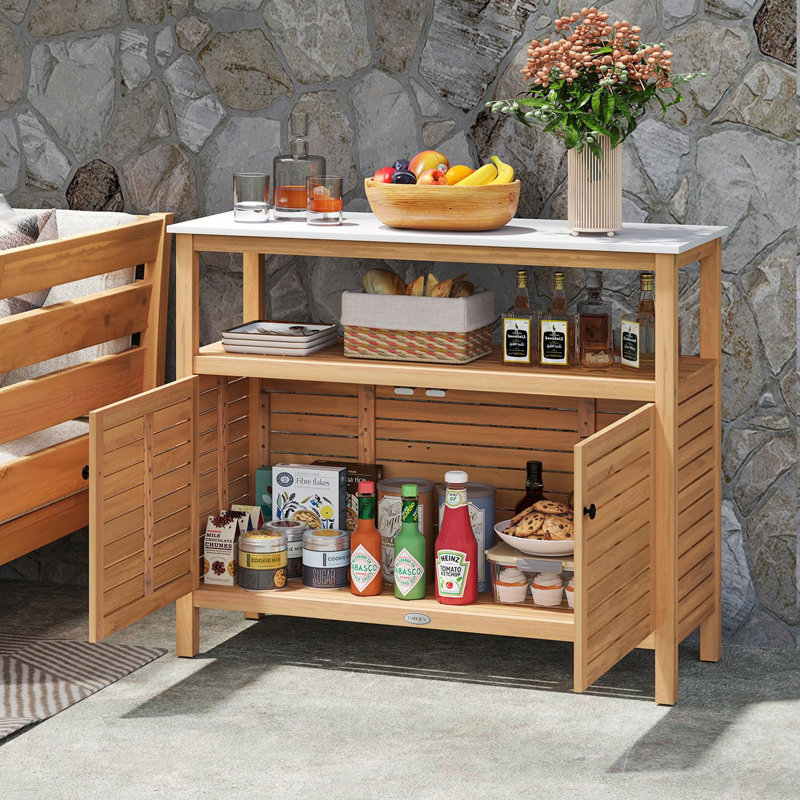 Buffet d'extérieur en bois d'acacia avec comptoir en marbre, H 36 po x l 44 po x P 16 po