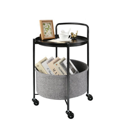Rolling Round Metal Side Table,2-Tier Storage Side Table With Wheels,End Coffee Table With Steel Frame And Fabric Storage Basket,Cart Side Table Tray