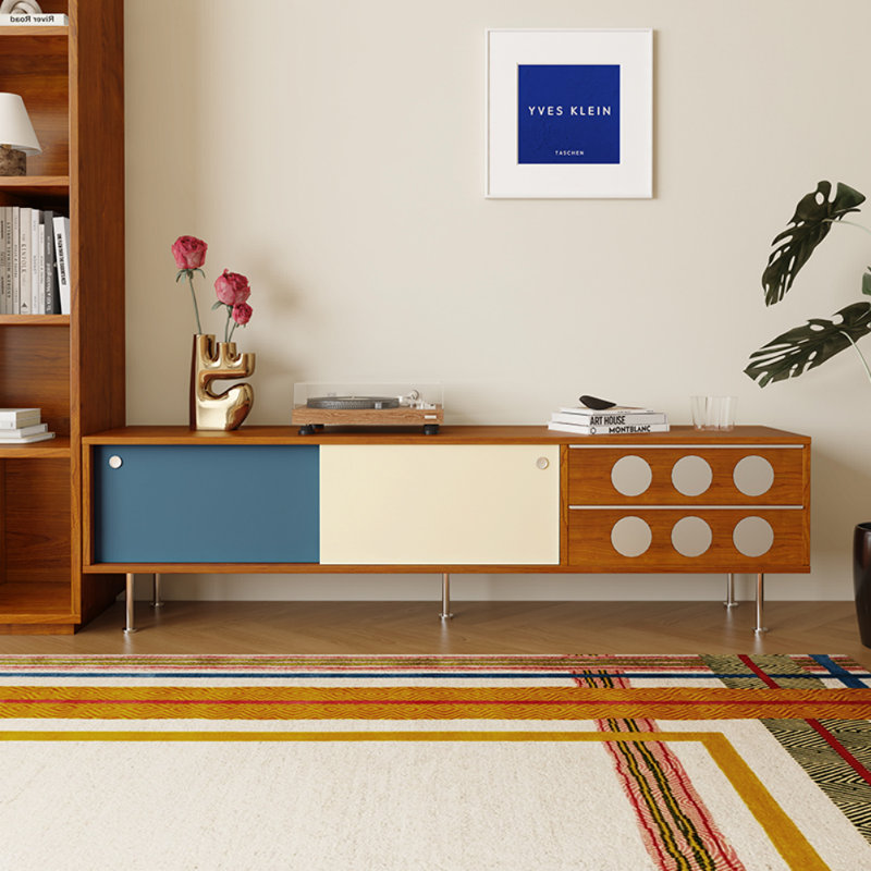 Meuble télé simple et rétro, Bleu / brun / blanc cassé
