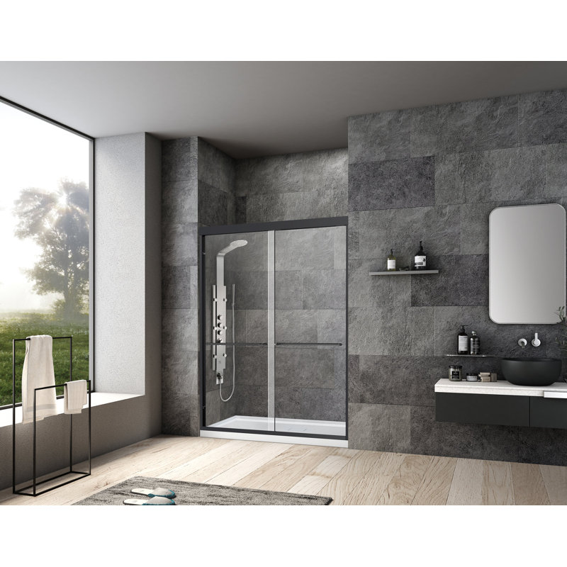 60" x 76" Framed Bypass Sliding Shower Door with Explosion-Proof Clear Glass, Matte Black