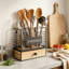 Porte-ustensiles de cuisine pour comptoir avec tiroir, organisateur 2-en-1 avec cloison amovible, fixation murale ou comptoir, cadre en métal avec tiroir en bambou pour spatule, argenterie et ustensiles de cuisine