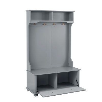 Modern Classic Hall Tree With Shoe Rack Bench And Coat Hooks For Hanging Storage, Entryway Bench With Open Shelves And Shoe Cabinets