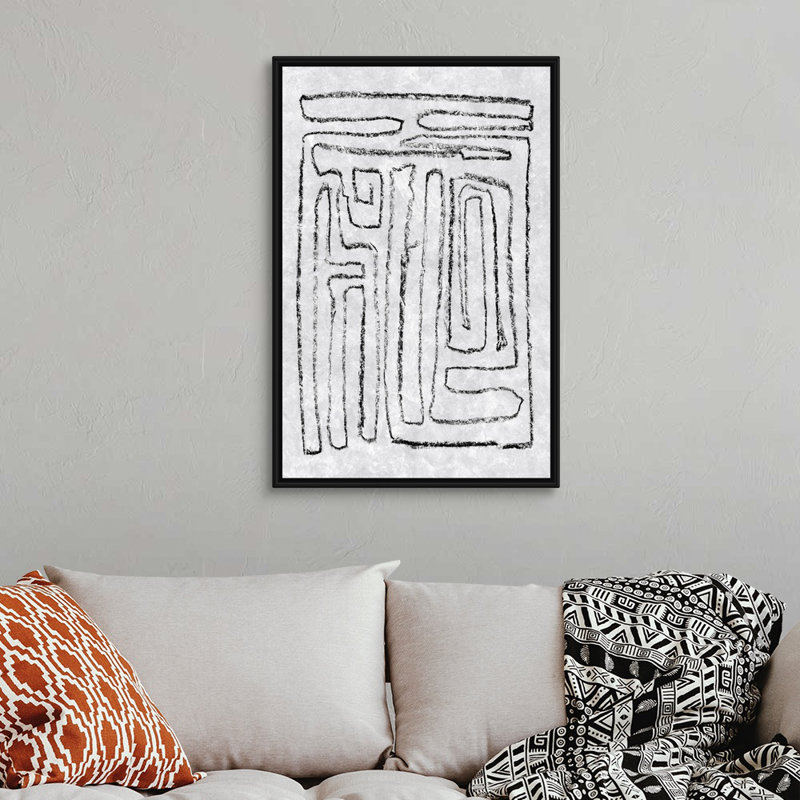 «Black and White Runes I» par Jennifer Goldberger - reproduction d'art, H 38 po x l 26 po x P 1,75 po, Toile avec cadre noir