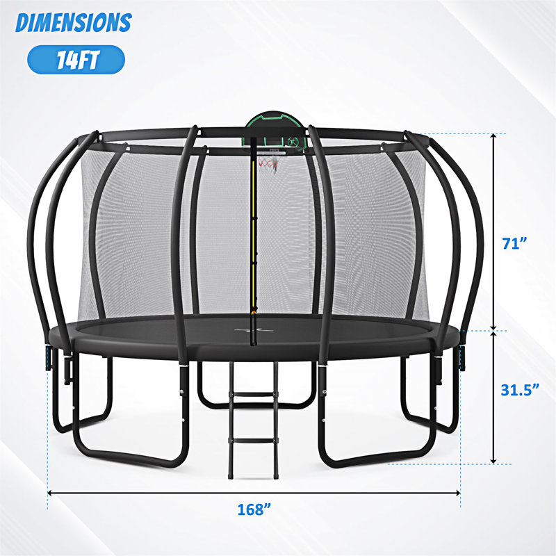 14 ft Black Round Kids' Trampoline with Enclosure