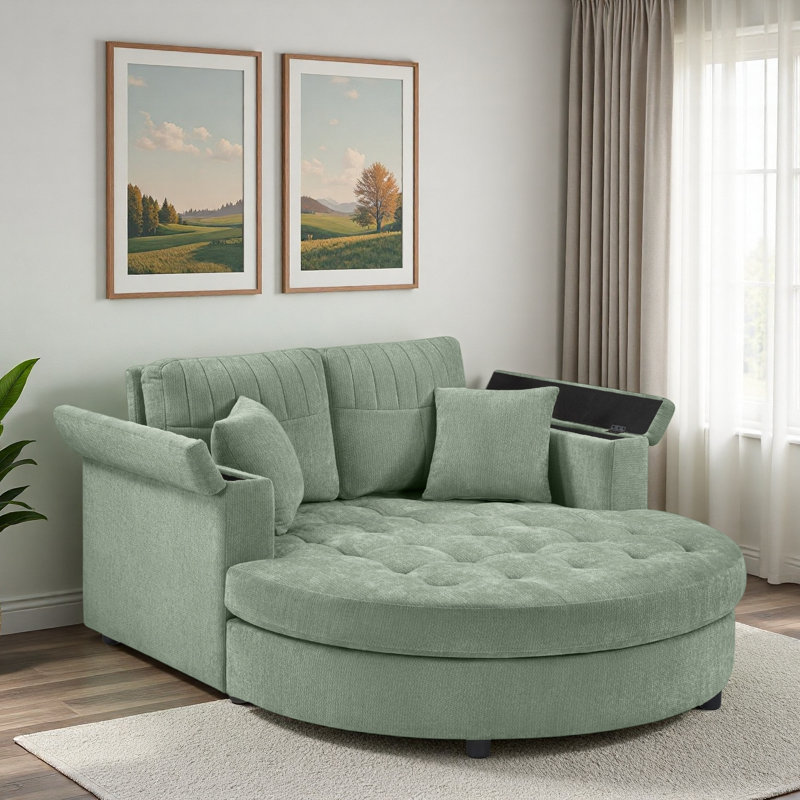 Chaise longue rembourrée incurvée avec accoudoirs de rangement, siège capitonné et coussins amovibles, Green
