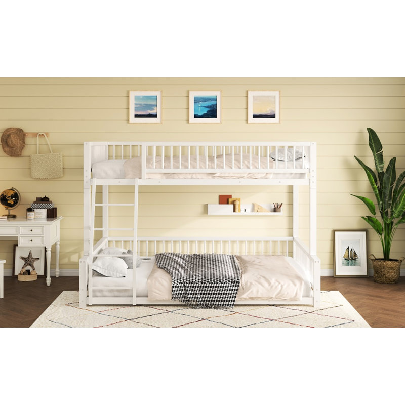White Full Xl Over Queen Bunk Bed, Easy To Assemble, Metal Slats For Support, Space - Saving Bed With And Guardrails, Heavy Duty, Finish