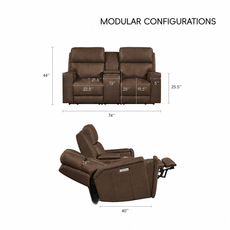 Causeuse double en cuir véritable avec console et porte-gobelets escamotables, Gris