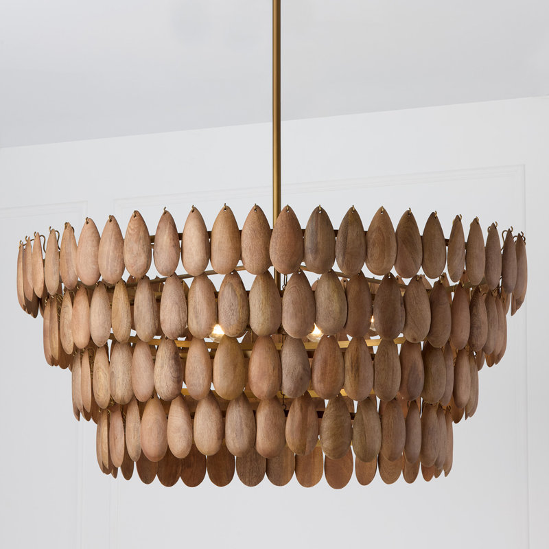 Luminaire suspendu en laiton patiné et bois de manguier fabriqués à la main, H 17 po x l 36,5 po