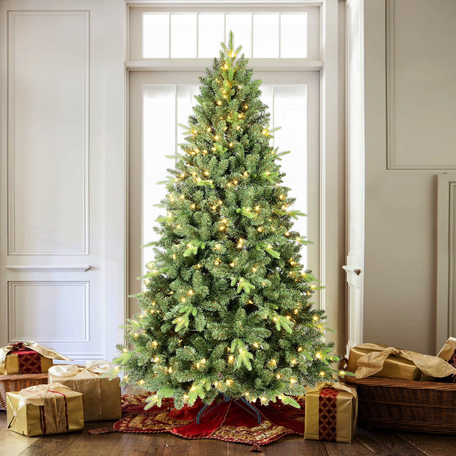 Pre-Lit PE/PVC Artificial Christmas Tree, Auto Open Branches & Metal Stand, 7ft H
