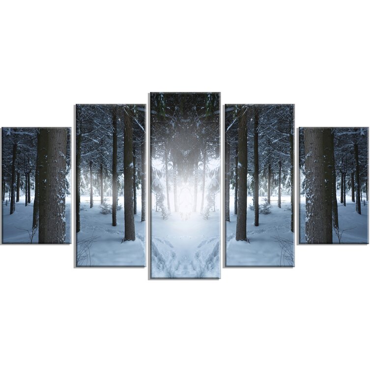 DesignArt Winter Forest With Dark Woods On Canvas 5 Pieces Print | Wayfair