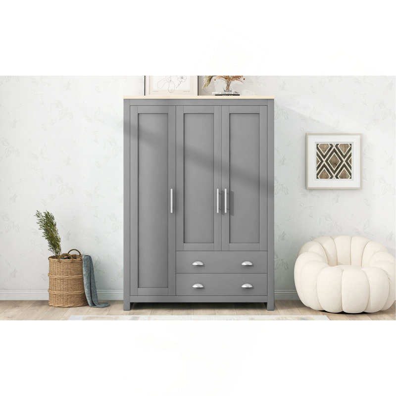 Armoire de rangement à trois portes avec armoires et deux tringles de suspension, gris