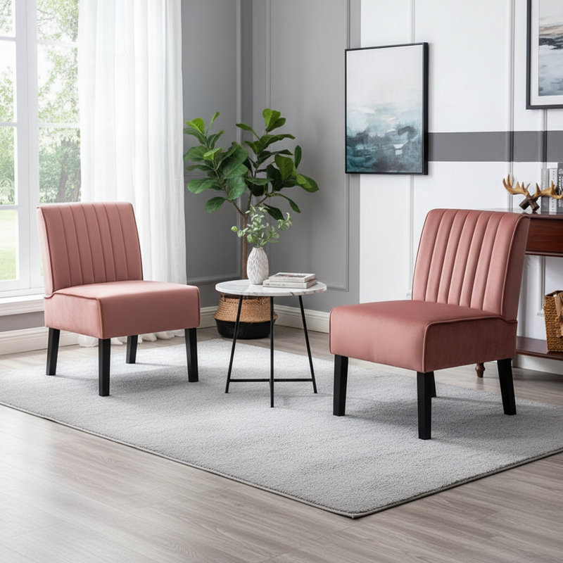 2 piece Channel tufted back slipper chair, Rose