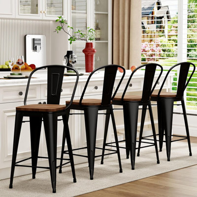 Ensemble de 4 tabourets de bar modernes en métal avec dossier haut et grand siège, noir mat