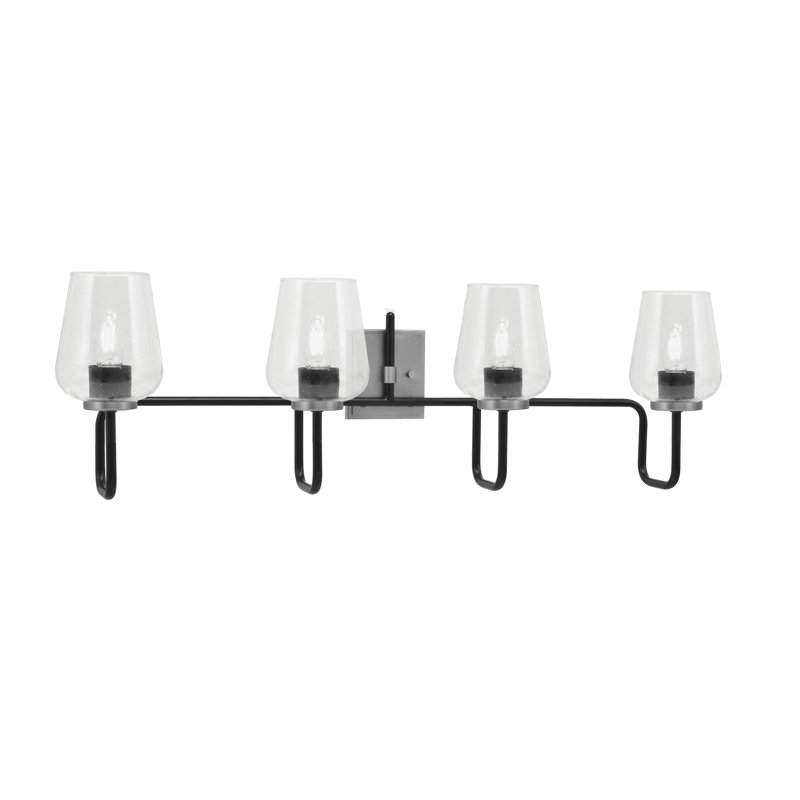 Barre d'éclairage de salle de bain 4 lumières Amarmula, noir mat et finition graphite, verre transparent de 5 po