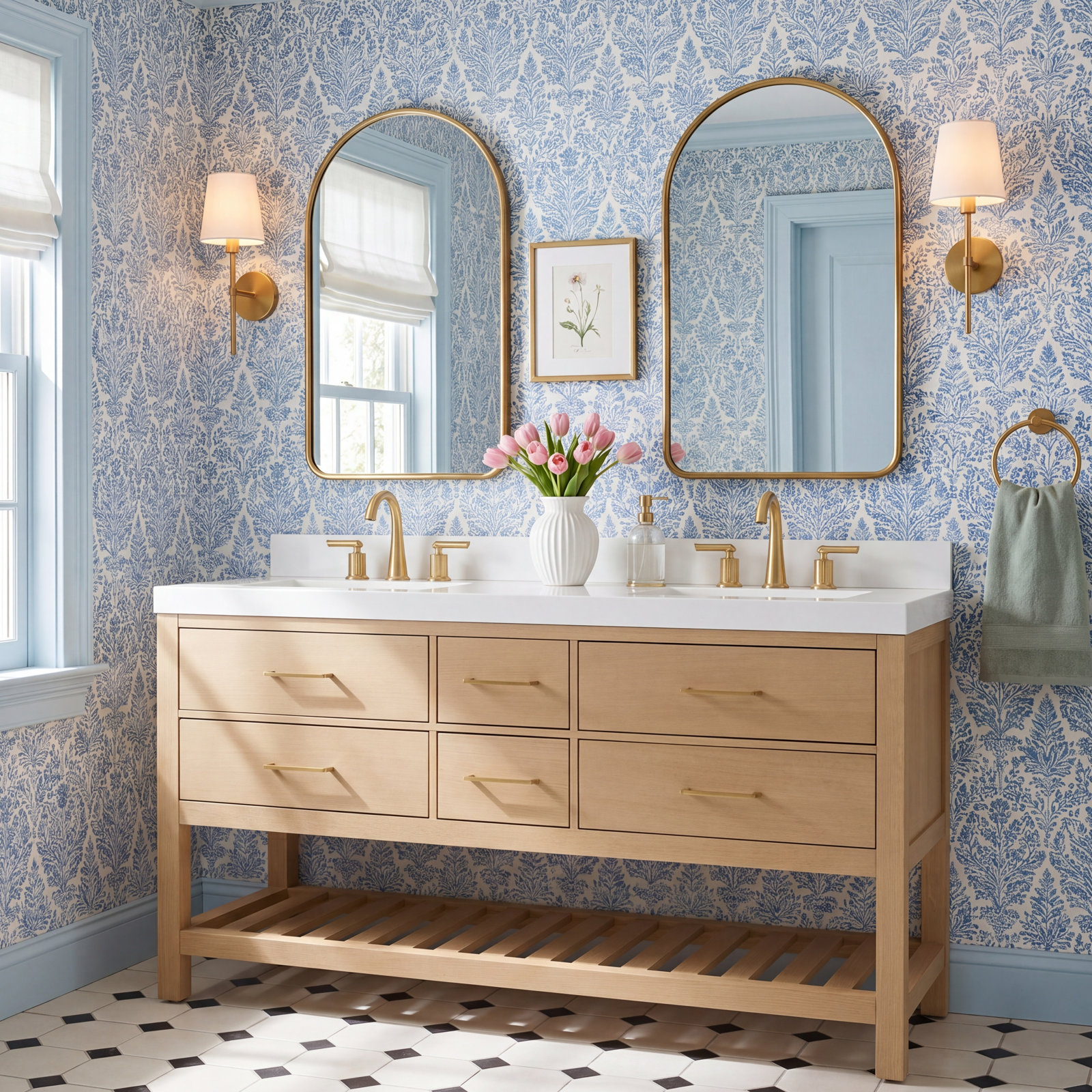 Carrie 60'' Double Bathroom Vanity, Oak/Rose Gold, Pure White Quartz