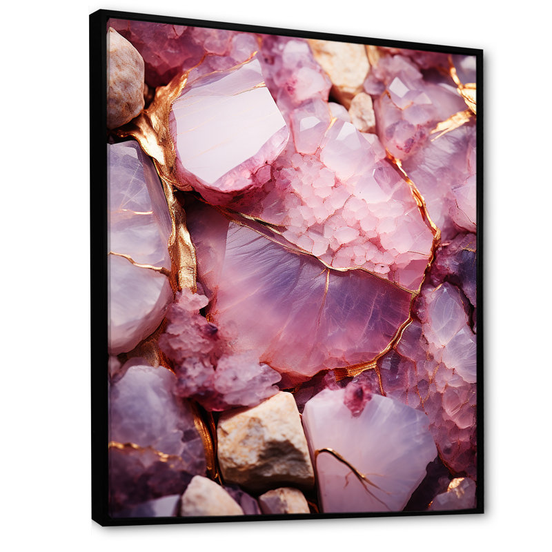 «Pink Amethyst Geode Essence I», art mural pierre géode, Cadre flottant noir, H 20 po x l 12 po x P 1 po