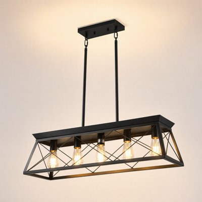 32'' 5-Light Matte Black Linear Chandelier, Modern Farmhouse Metal Rectangular Pendant Light