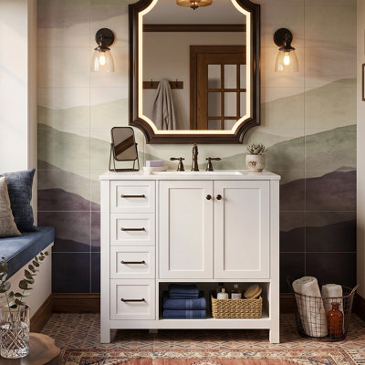 30" Modern Artisan Shaker-Style Freestanding Bathroom Vanity with 8" Widespread Ceramic Sink Top, Grooved Line Double Doors over Hybrid Lower 2-Drawer & Open-Air Linen Shelf (4 Finishes)