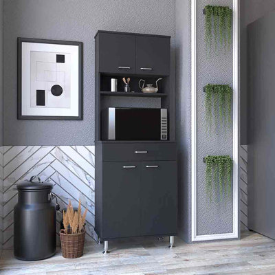 Armoire garde-manger H 67 po, quatre portes, un tiroir, trois tablettes internes, 2 tablettes de rangement externes, option de rangement pour micro-ondes, quatre pieds