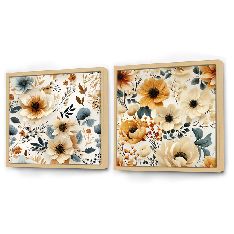 Bouquet de charme beige rustique à motif champêtre floral, Cadre flottant brun, H 30 po x l 61 po