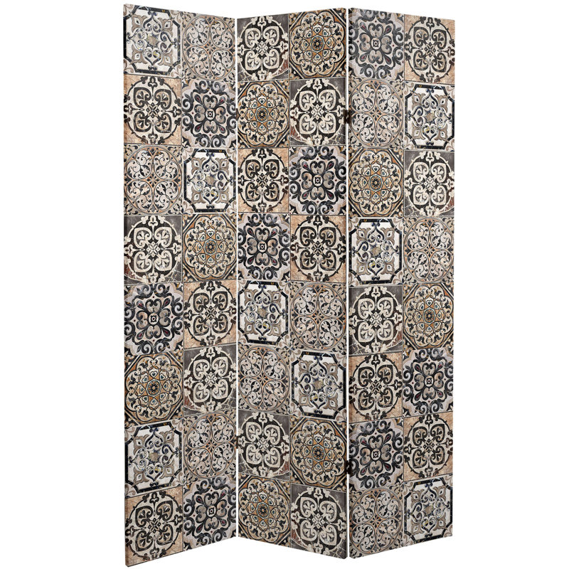 6 Ft. Tall Double Sided Antiqued Paneling Canvas Room Divider, Spanish