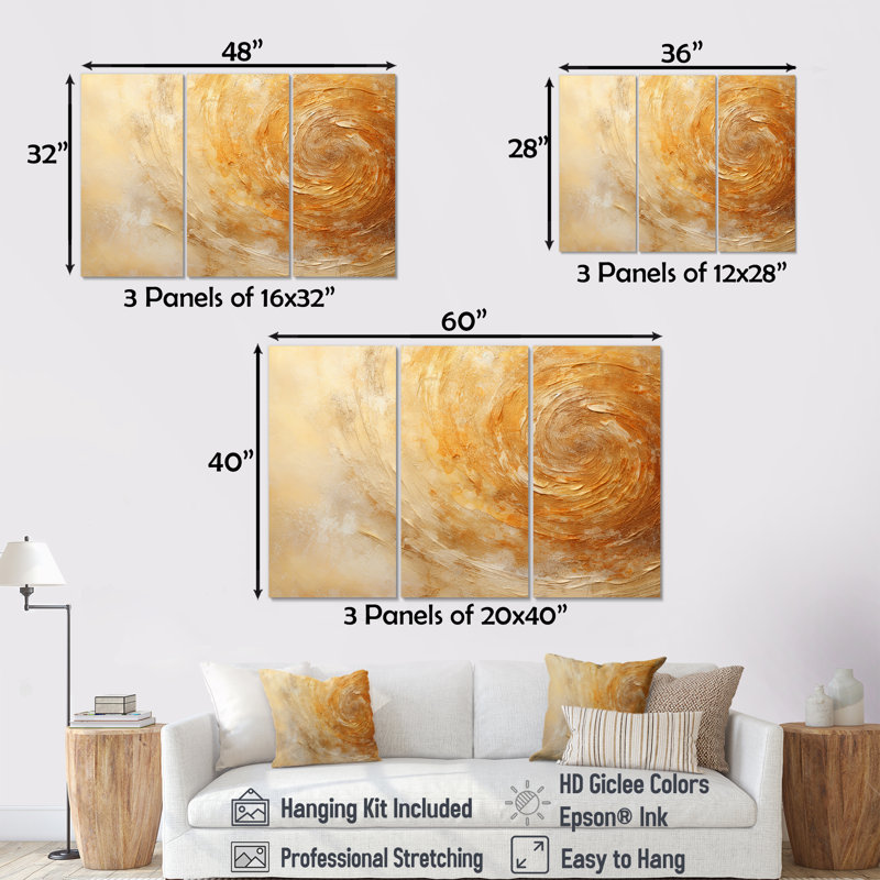«Champagne Sunrise Spiral I», ensemble d'art sur toile à spirales abstraites, Toile tendue, H 32 po x l 48 po x P 1 po