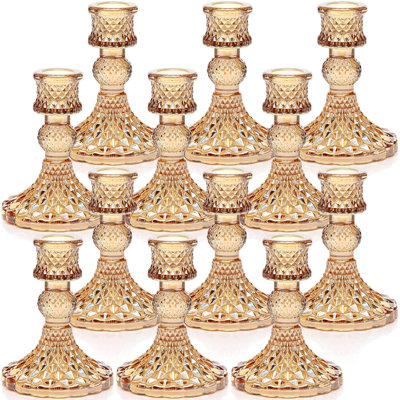 Set Of 12 Gold Glass Taper Candle Holders 