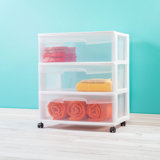 Sterilite Wide 3 Drawer Storage Cart, Rolling Cart with Wheels Organizes Clothes in Bedroom, Closet