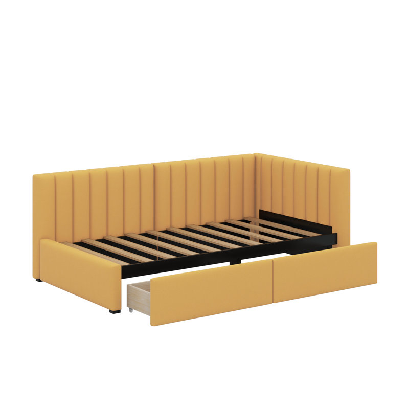 Lit de jour simple tapissier avec 2 tiroirs, support en lattes de bois, Jaune