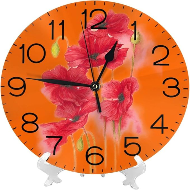 Horloge murale ronde à motif floral en acrylique sur fond orange