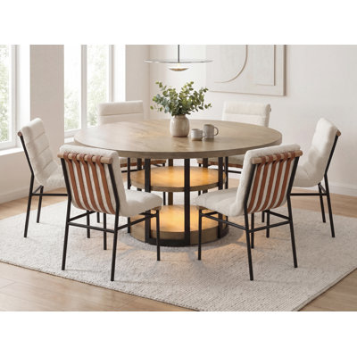 Seagraves 7Pc 59" Round Rustic Oak Dining Set With LED Light, Black Metal Table Frame, Shelves, White Boucle Fabric Chairs