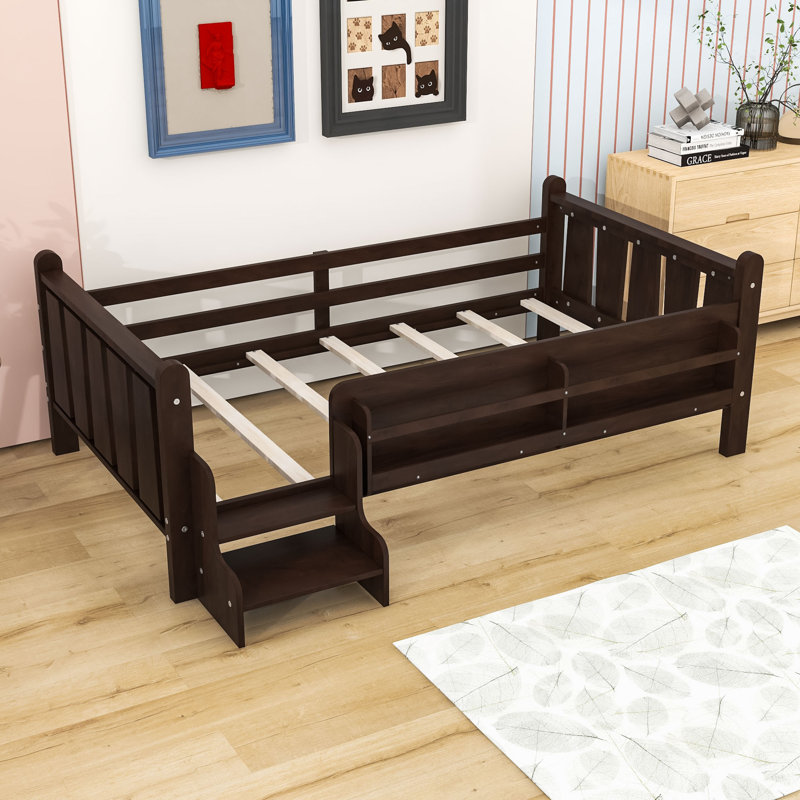 Lit en bois pour enfants avec rangement intégré et garde-corps, Lit simple, Beige