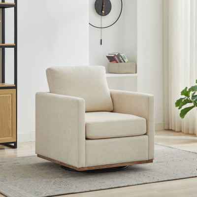 30.7"W Square Upholstered 360° Swivel Accent Chair And Comfy Single Sofa Chair With A Weathered Finished Wooden Base, Club Lounge Reading Armchair For Living Room Bedroom Apartment Nursery. Beige
