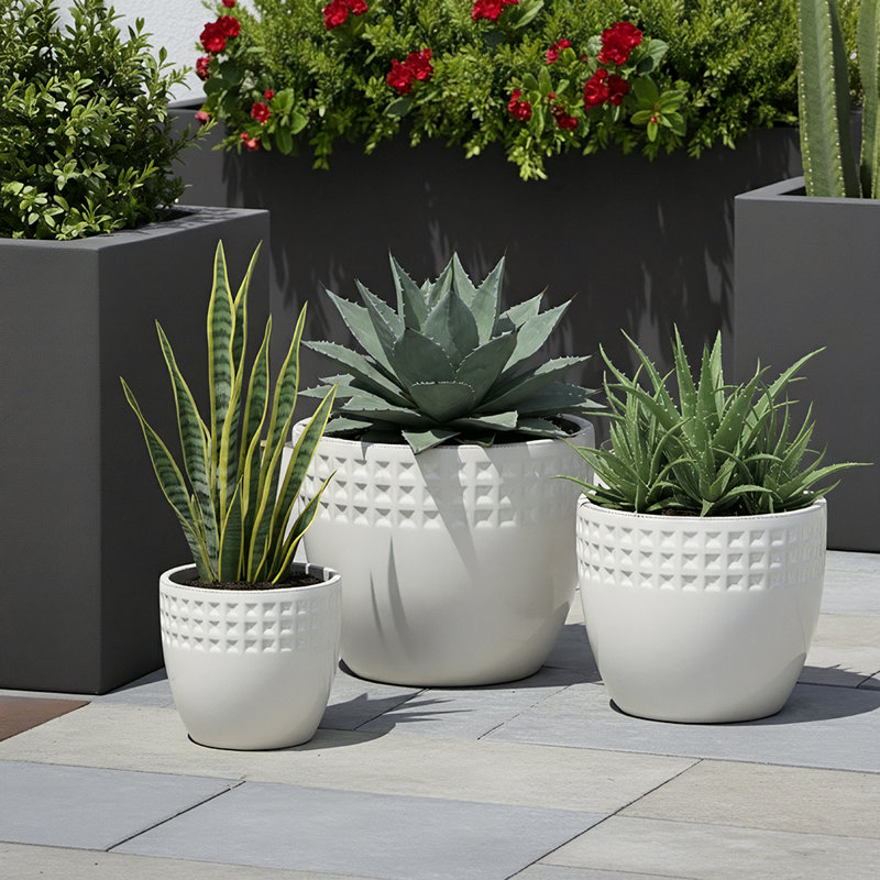 Ensemble de 3 pots à fleurs d'intérieur / extérieur en céramique avec trou de drainage, Blanc