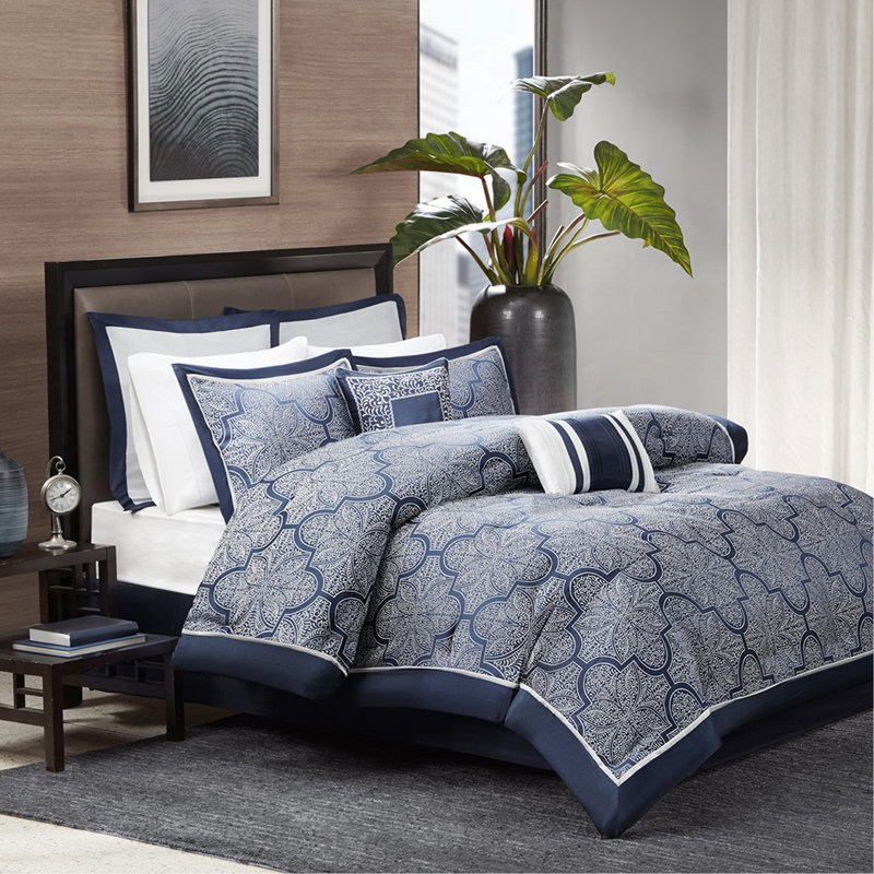 Ensemble d'édredon 8 pièces jacquard bleu marine, Édredon grand + 7 pièces supplémentaires 