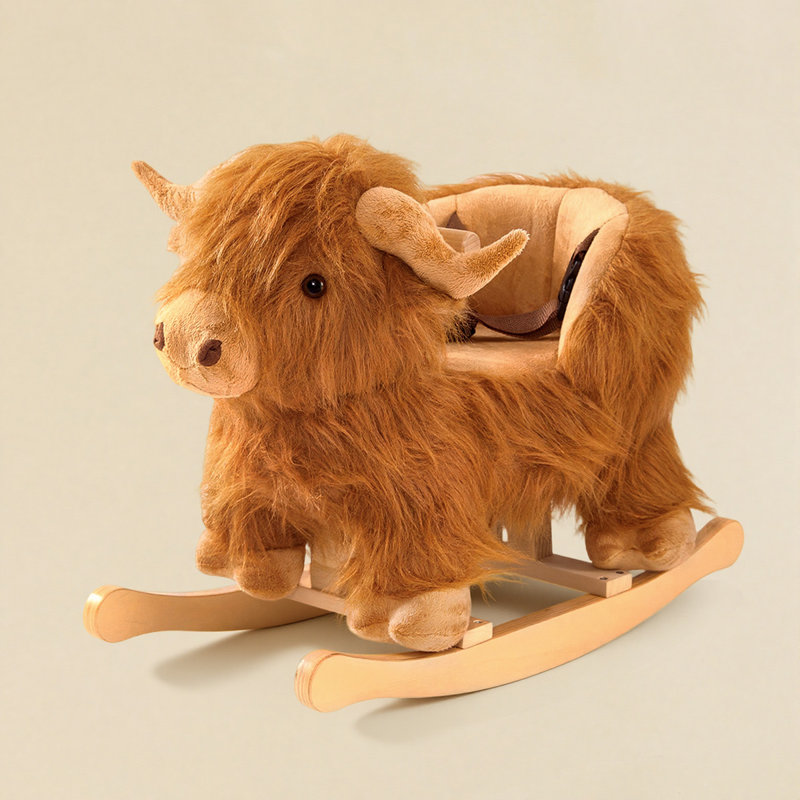 Cheval à bascule en peluche avec base en bois et sangle de sécurité, Beige