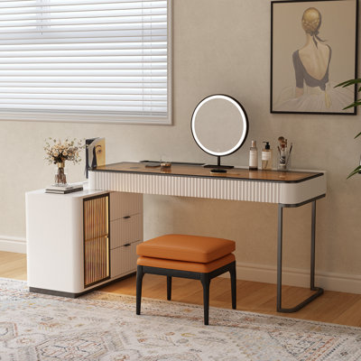 Nhia Glass Makeup Vanity set with Built in Outlets Glass Top,Expandable, Corner