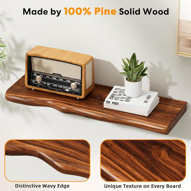 Rustic Farmhouse Floating Wall Shelf, Live Edge Pine Wood, Walnut, For Bathroom, Kitchen, Living Room & Bedroom