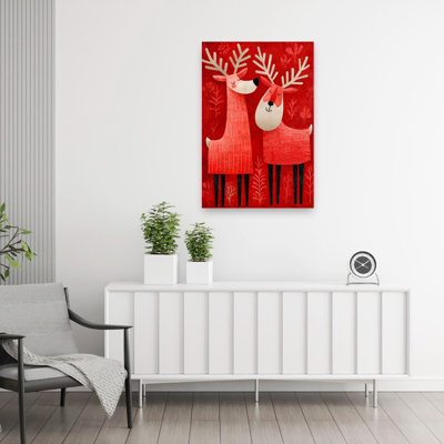 Happy Reindeer Couple Contemporary Deer Winter Wall Art Print 1 Piece Wrapped Canvas Wall Art