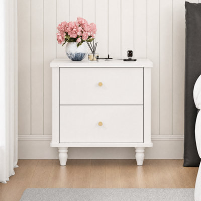 2 Drawer Nightstand, Wooden Bedside Table with Round Knobs and Turned Legs, Small Dresser Storage Cabinet for Bedroom, Nursery, Kids Room