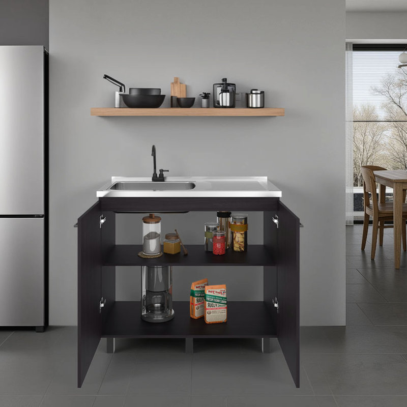 Évier utilitaire complet avec robinet, base autoportante et tablette intérieure, noir et noyer foncé, pour garages et ateliers, hauteur 87,4 cm (34,41 po), robinetterie moderne interchangeable, compatible avec toutes les pièces.