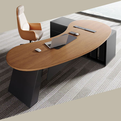 Bureau de direction courbé en bois massif avec tiroirs Nut-brown